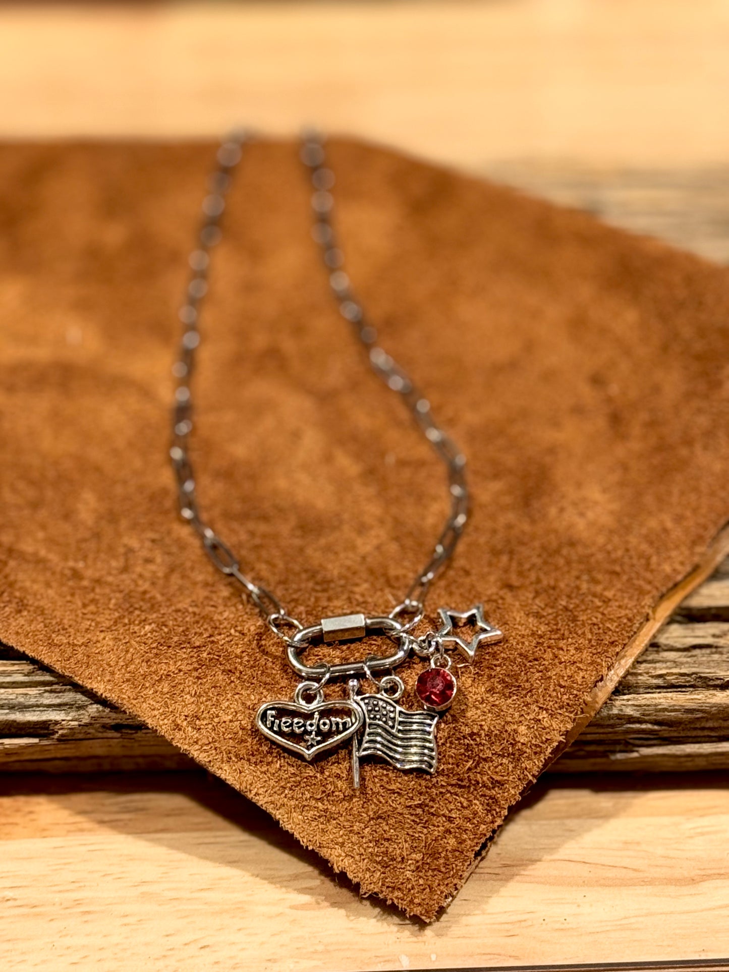 Silver Patriotic  Paperclip Necklace (Red Charm)