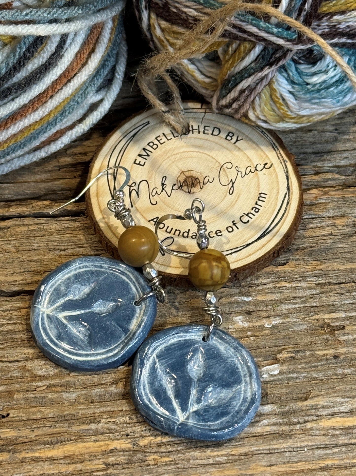 Blue whitewash Round Floral Clay Earrings