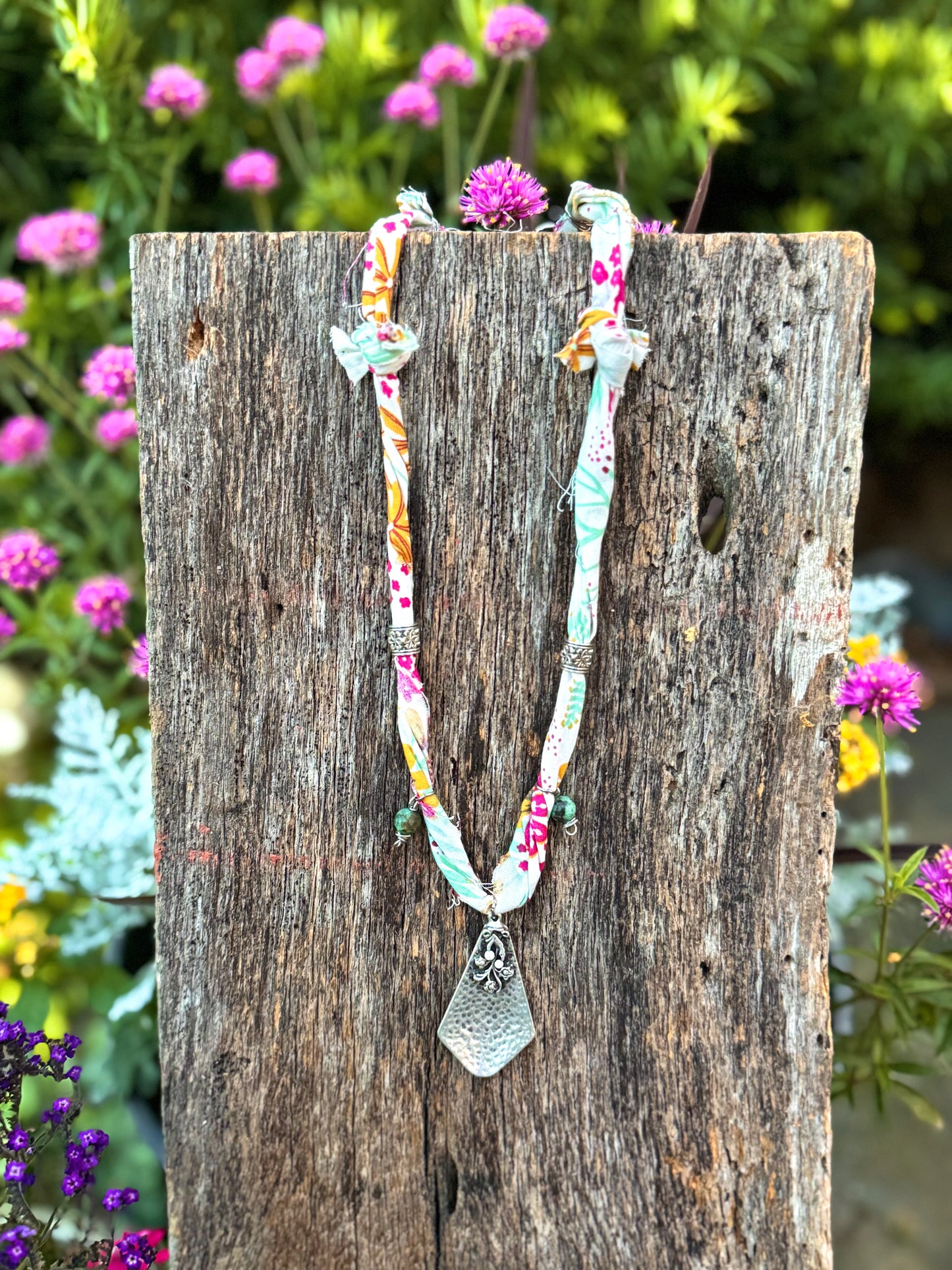 Fabric Silver Rose Pendant Necklace