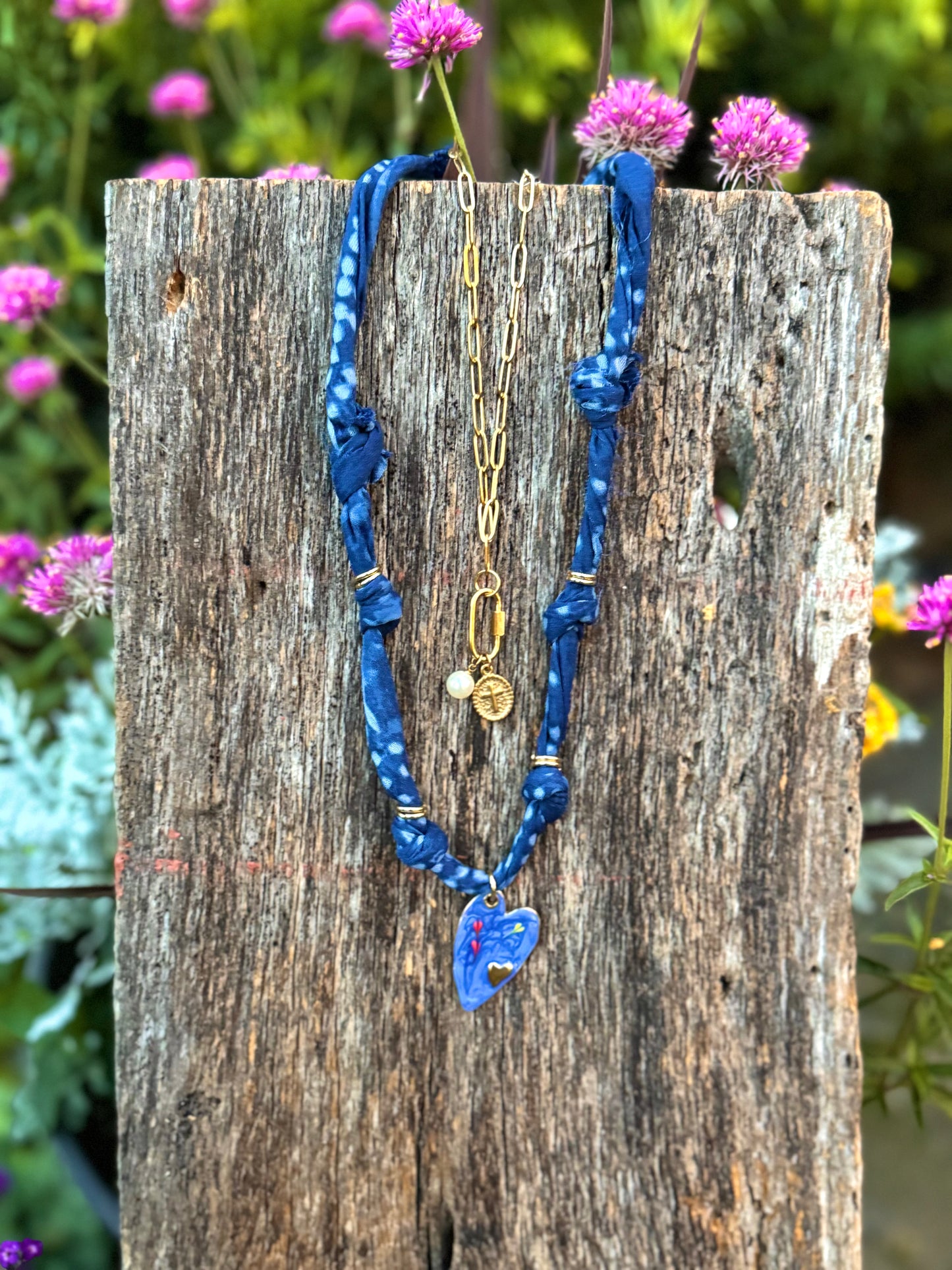 Fabric Gold/Blue Enamel Pendant Necklace