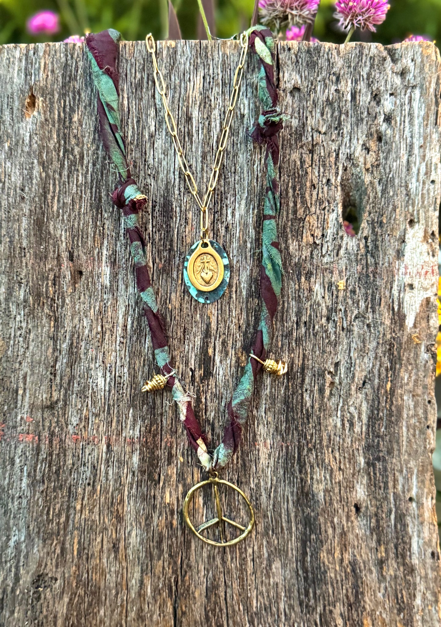 Fabric Gold Peace Sign Pendant Necklace