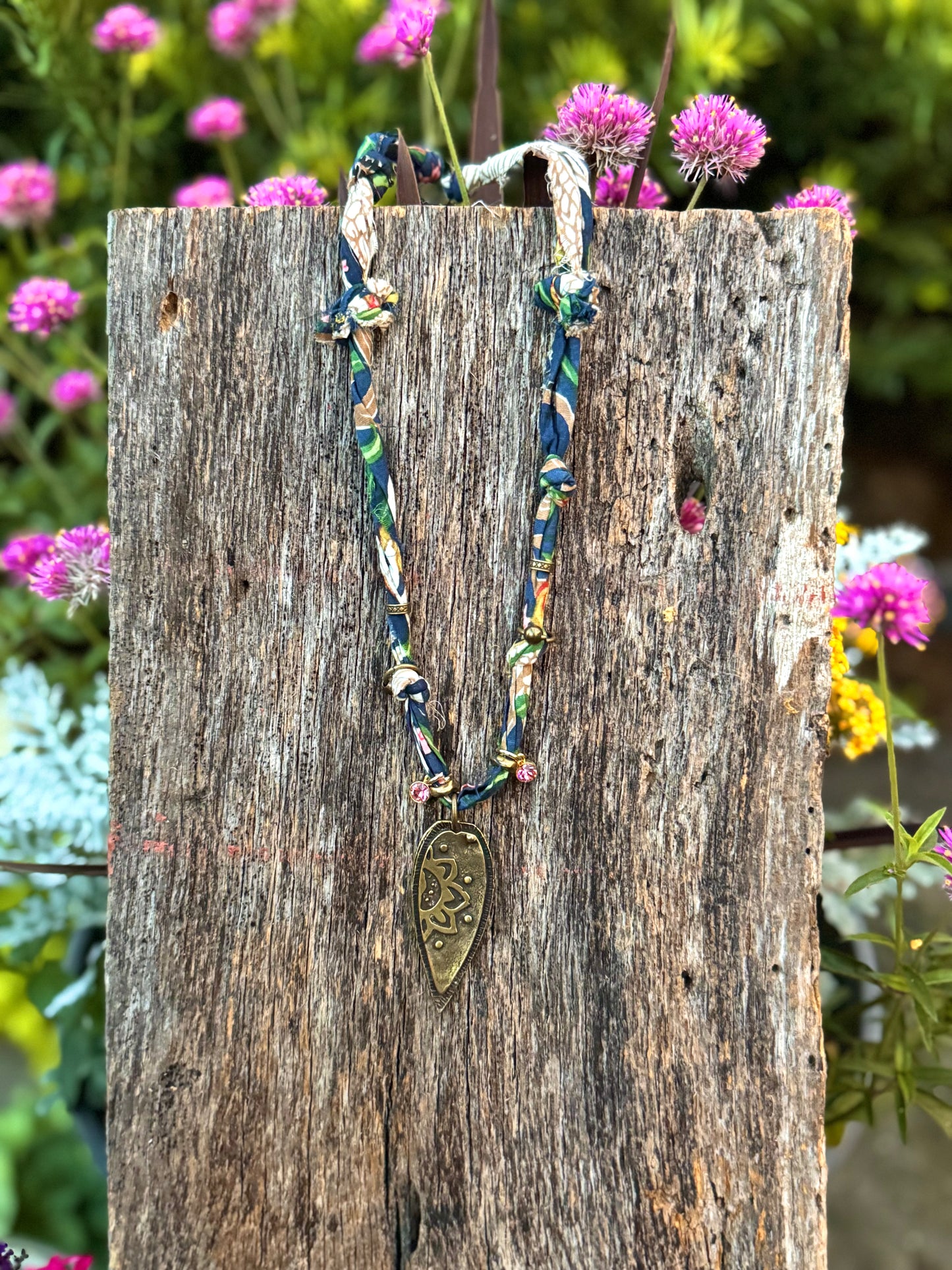 Fabric Antique Gold Flower Pendant Necklace