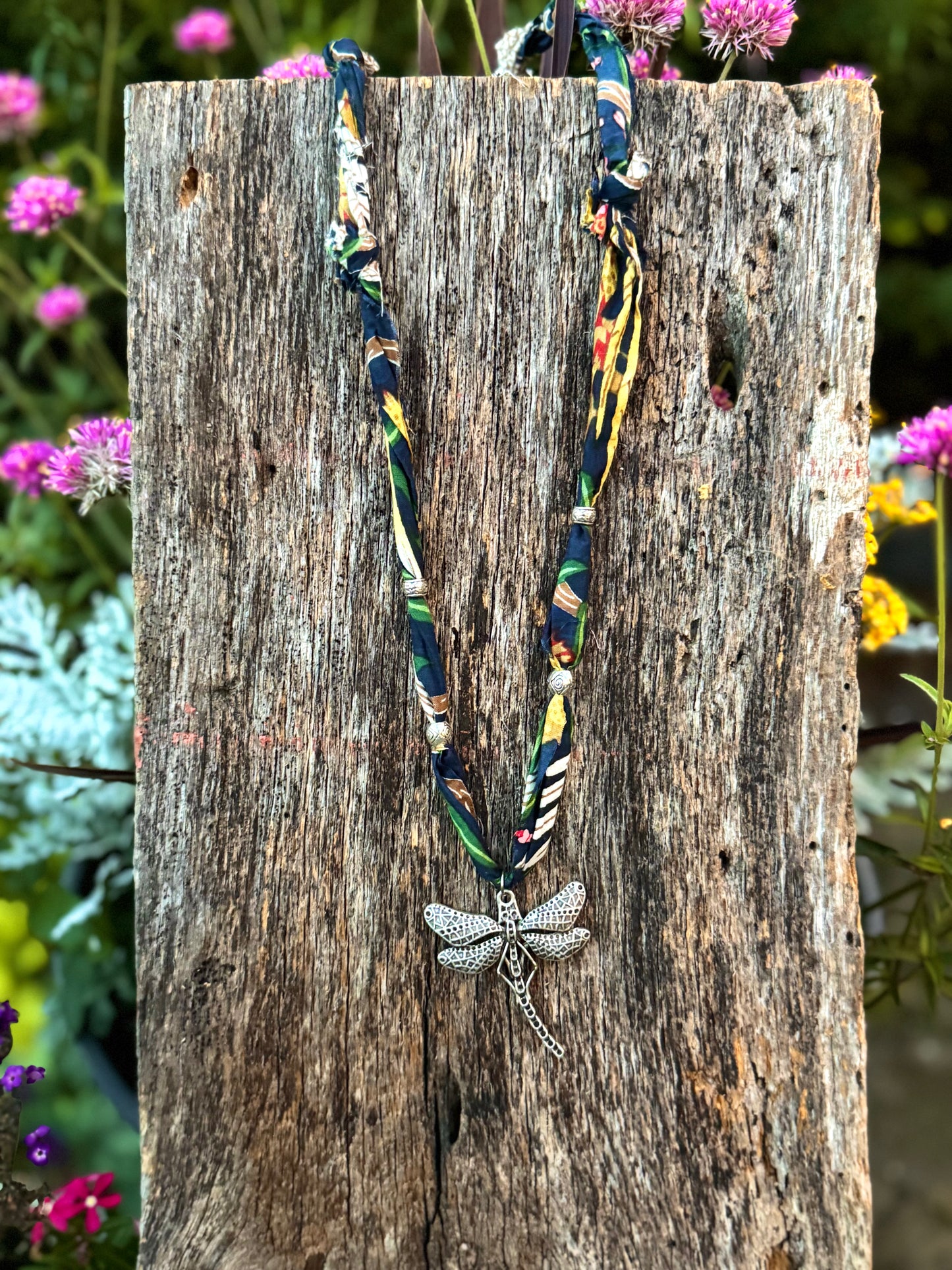 Fabric Silver Dragonfly Pendant Necklace