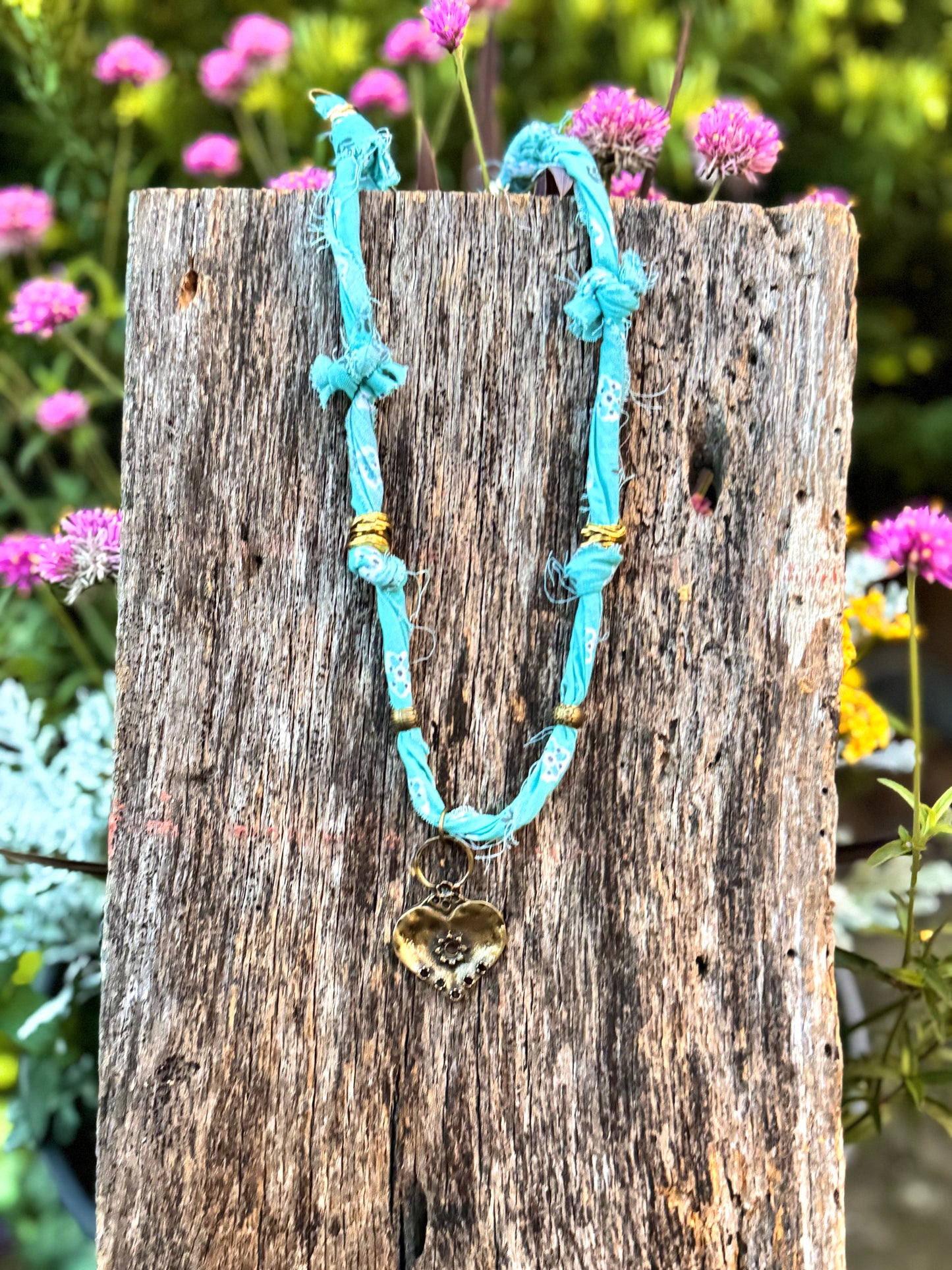 Fabric Bronze & Gold Heart Pendant Necklace