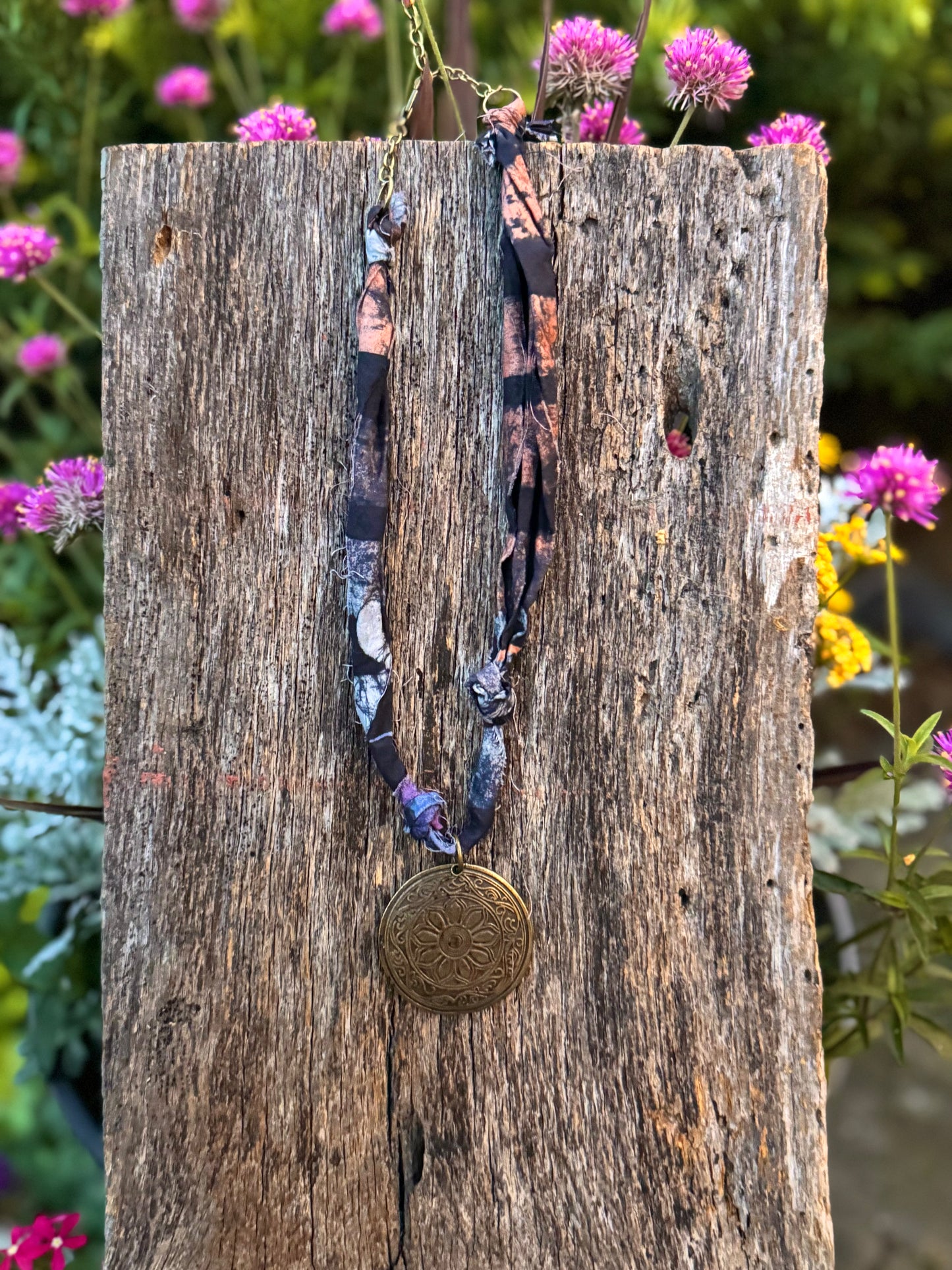 Fabric  Bronze Medallion Pendant Necklace