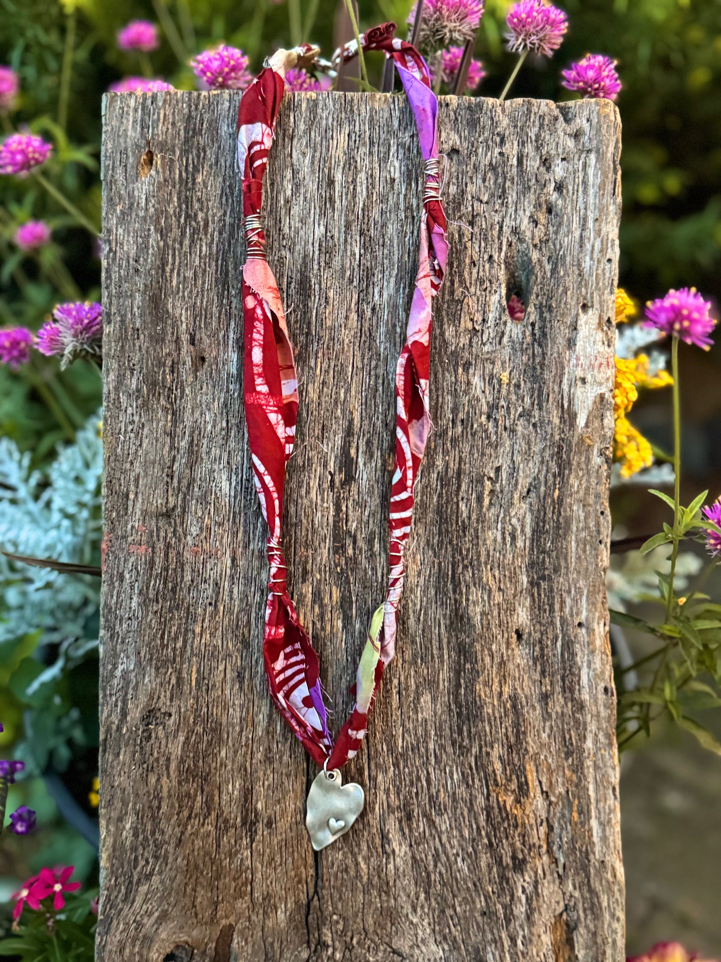 Fabric Silver Double Heart Pendant Necklace