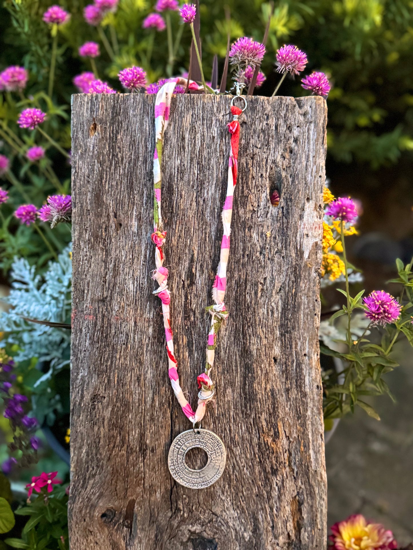 Fabric Large Hammered Silver Round Pendant Necklace