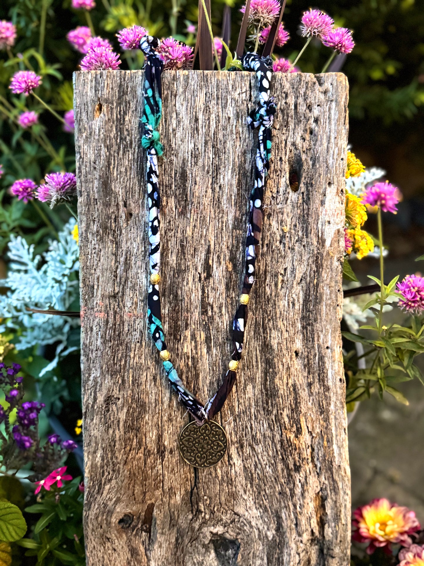 Fabric Bronze & Gold Mandala Pendant Necklace