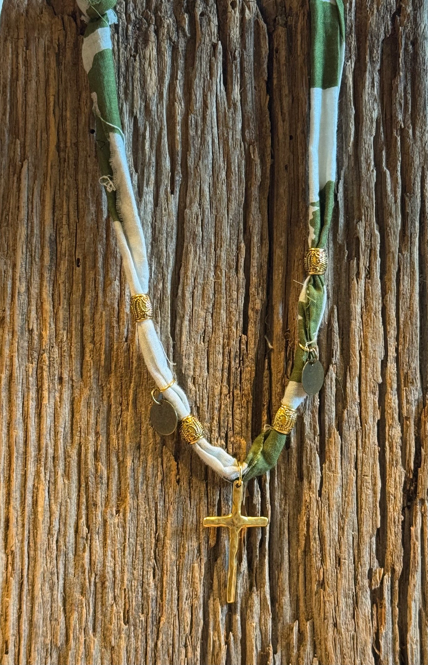 Fabric Gold Hammered Cross Pendant Necklace
