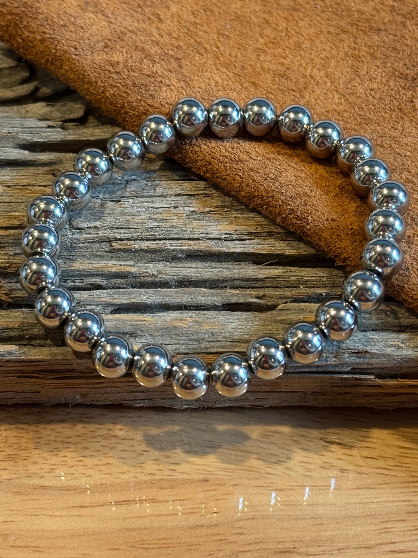 Stainless Steel Metal 8MM Beaded Stretch Bracelet