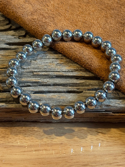 Stainless Steel Metal 8MM Beaded Stretch Bracelet