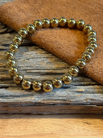 18K Gold PVD Coated Stainless Steel Metal 8MM Beaded Stretch Bracelet