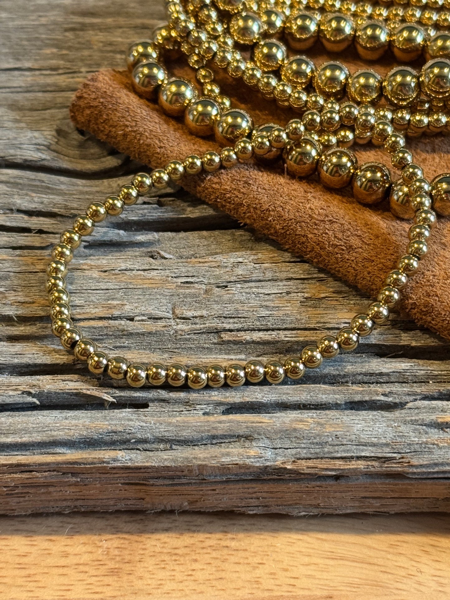 18K Gold PVD Coated Stainless Steel Metal 4MM Beaded Stretch Bracelet