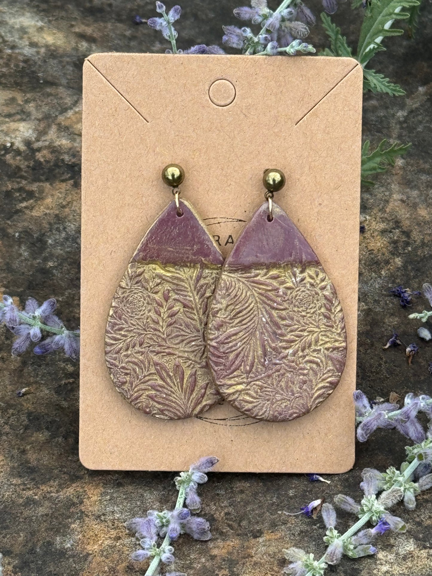 Oval Clay Earrings with leaf detail