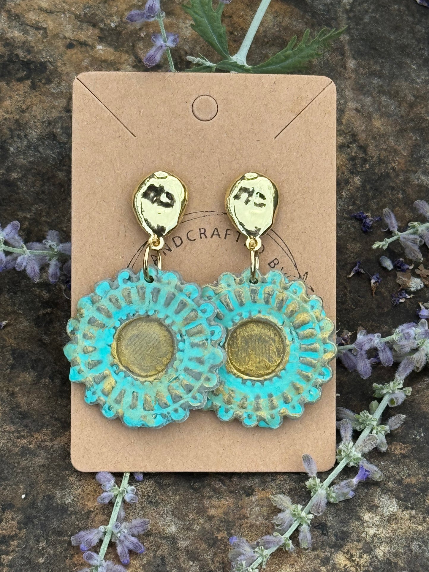 Teal and Gold round Clay Earrings