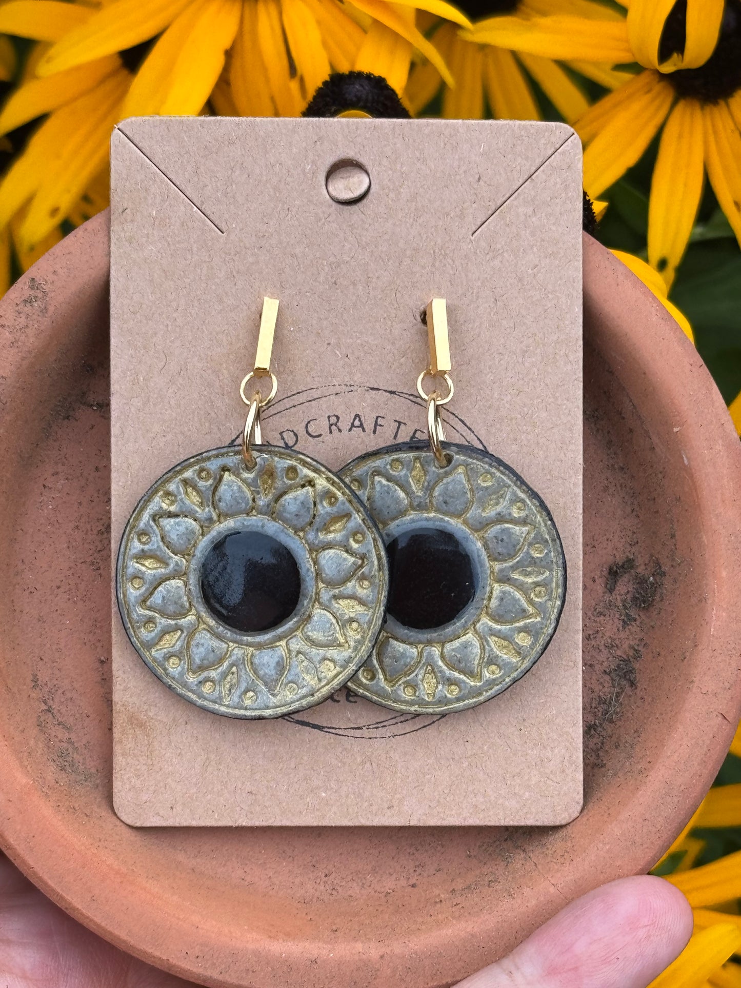 Black & Gold Sunflower  Clay Earrings