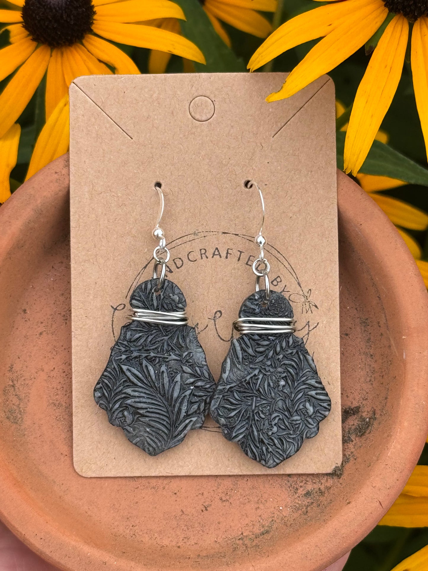 Black & gray Clay Earrings embossed with floral