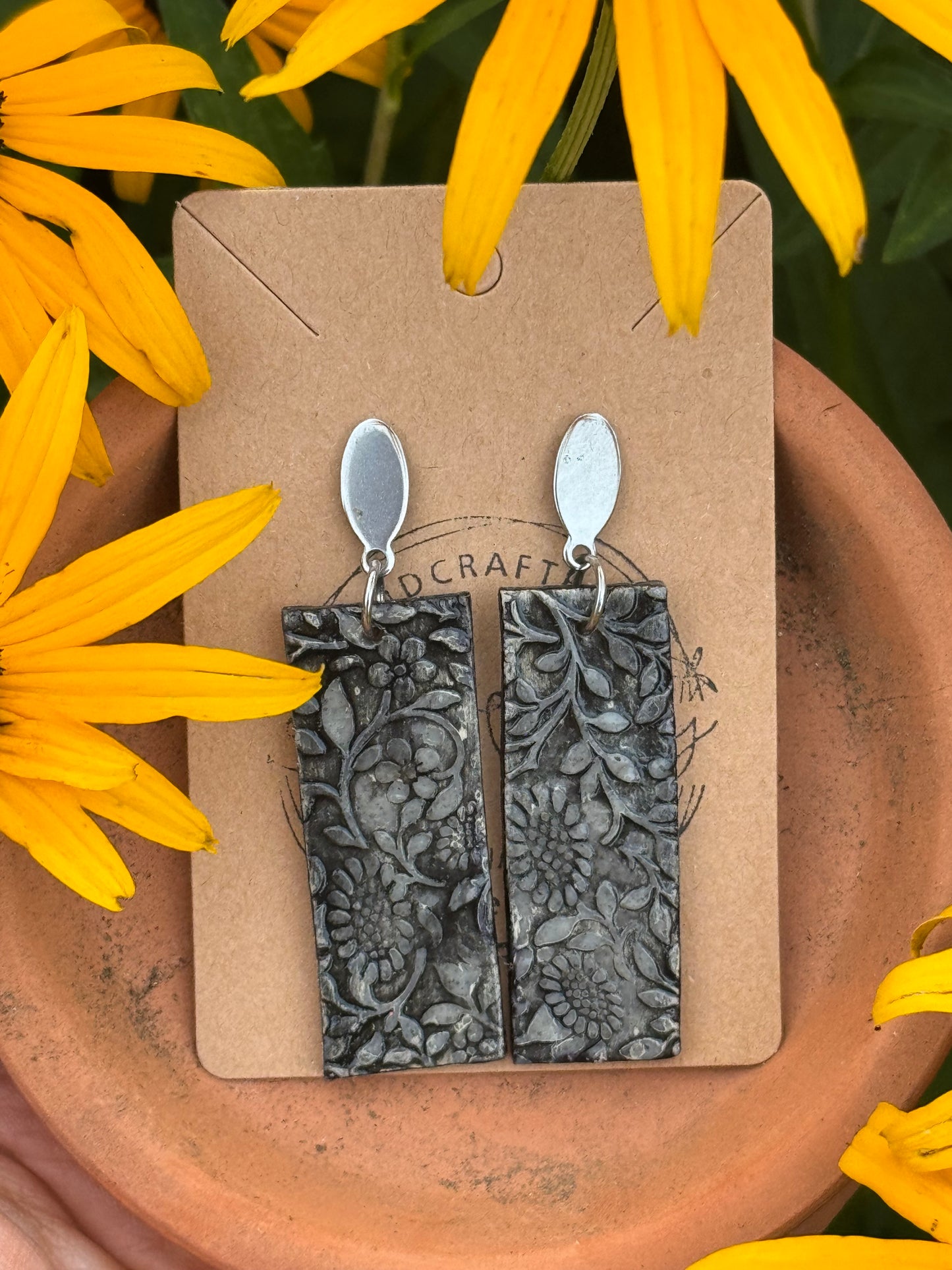 Black & gray Long Rectangle Clay Earrings embossed