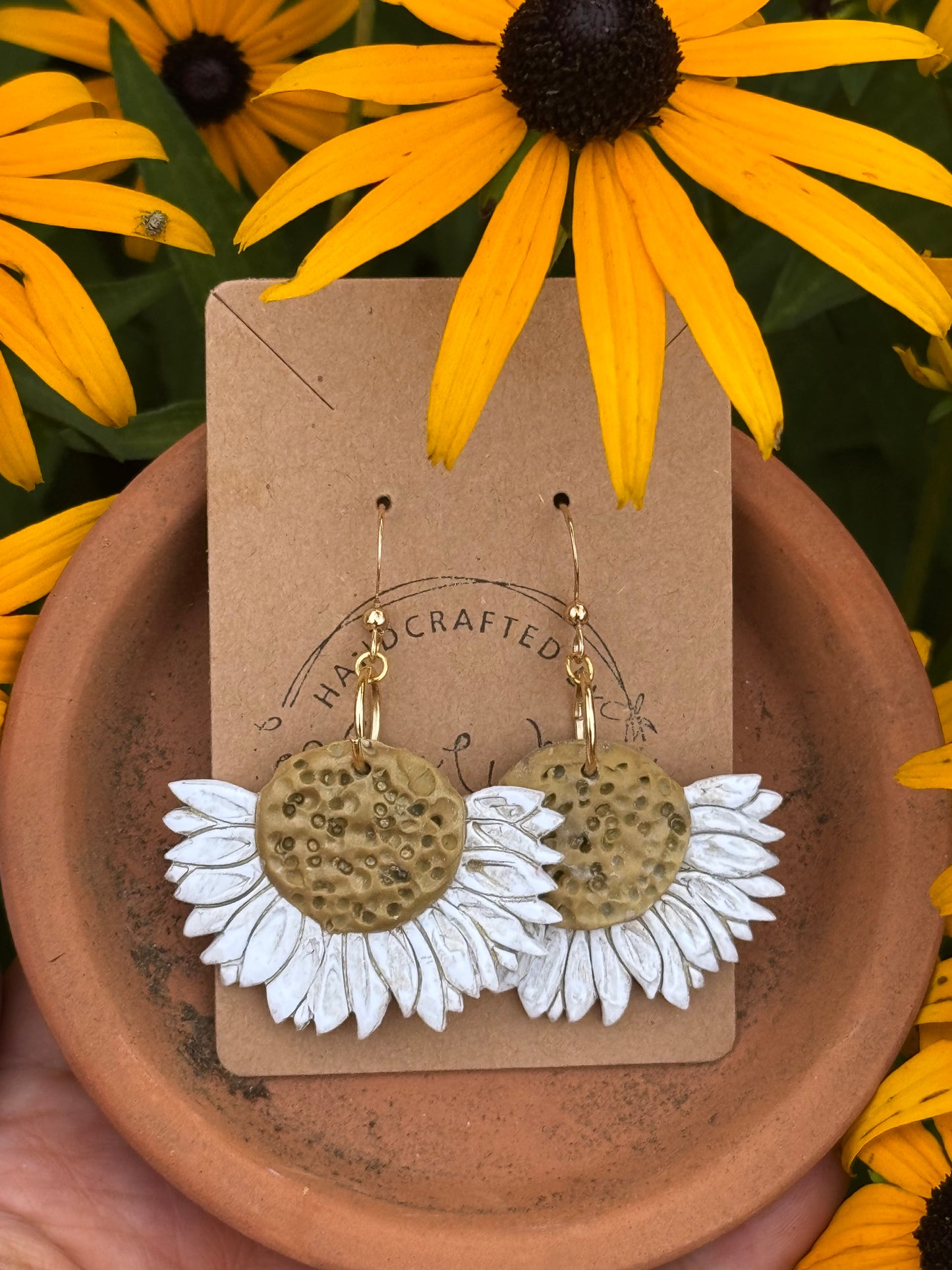 Distressed Sunflower Clay Earrings