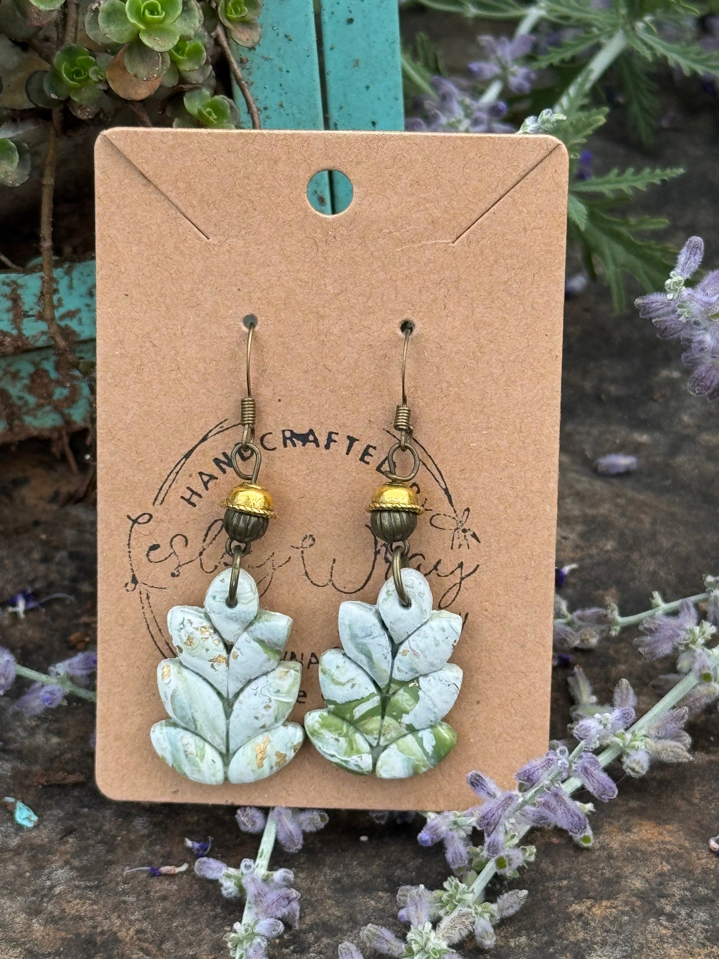 Green & White leaf Clay Earrings
