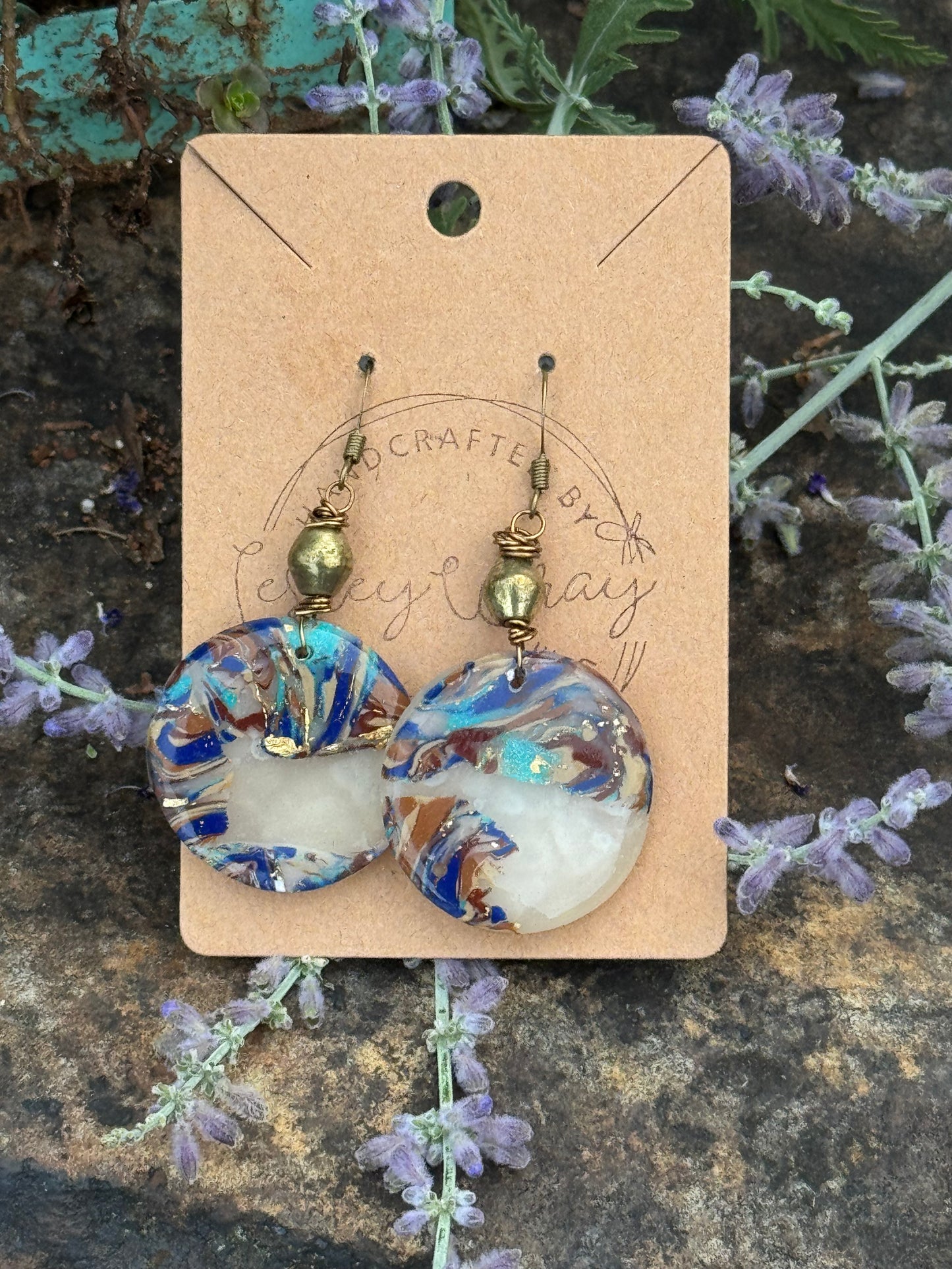 Brown&Blue Round Disc Clay Earrings