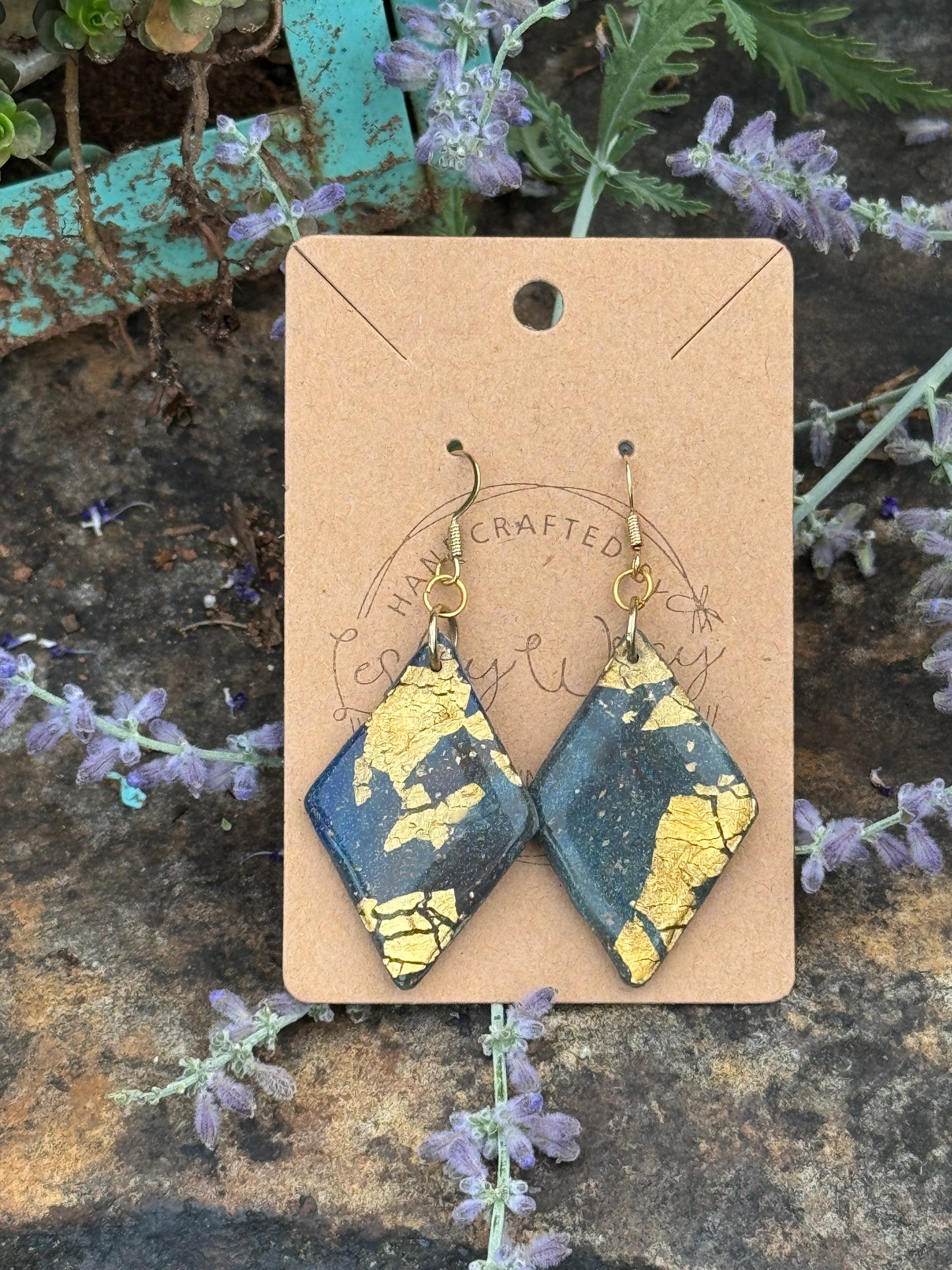Blue Diamond with gold leaf Clay Earrings