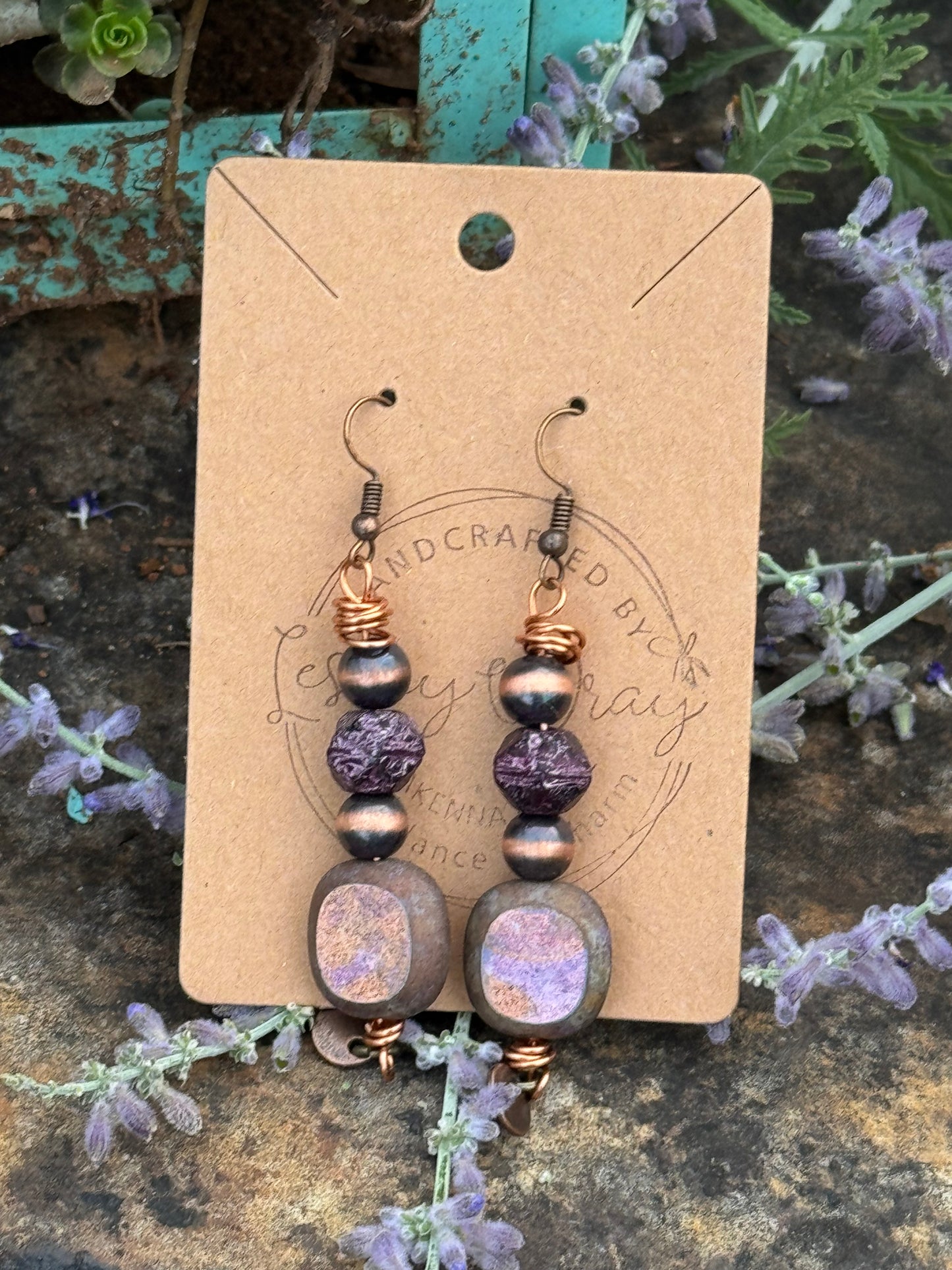 Purple & Copper Czech Bead Earrings