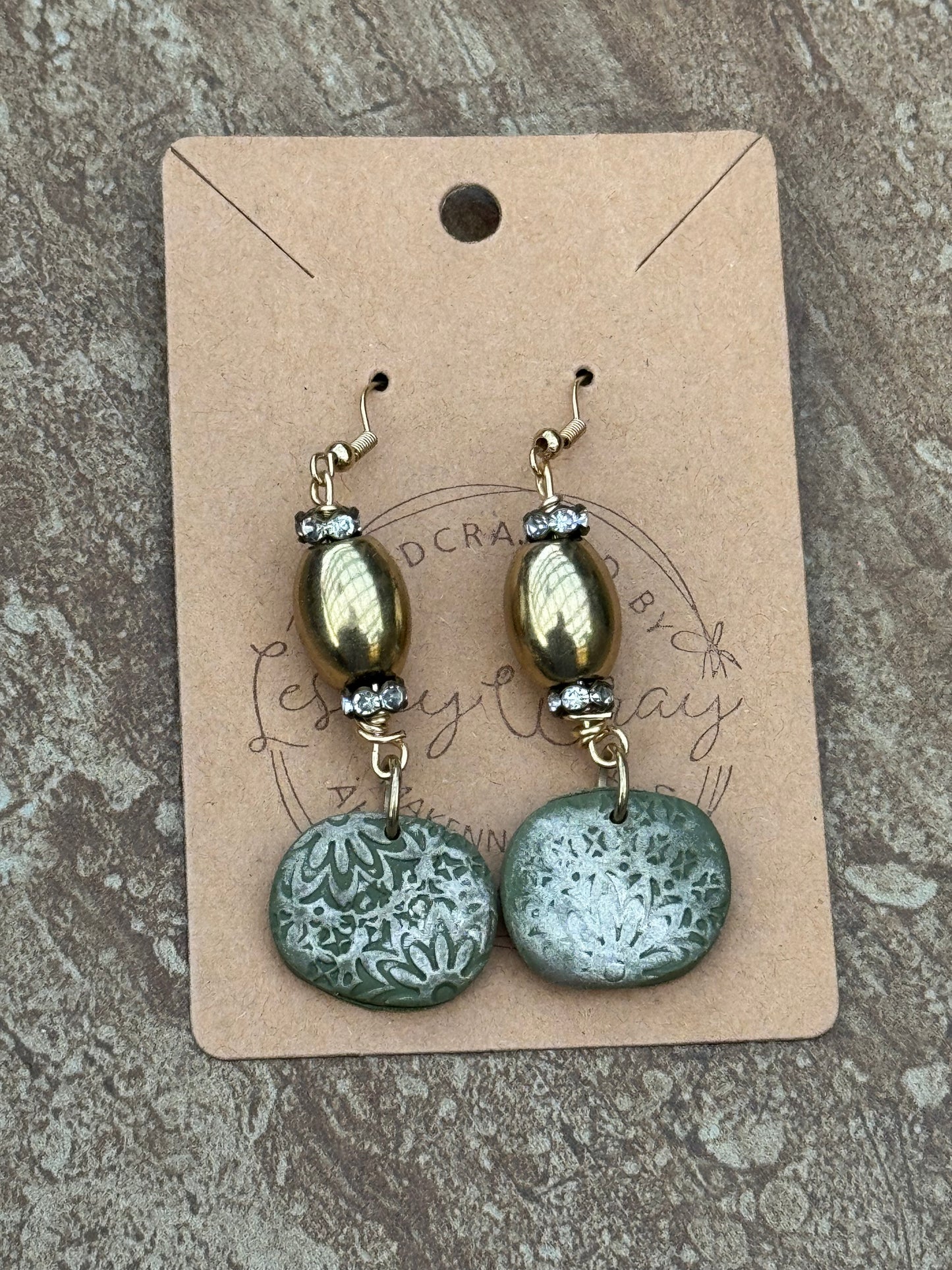 Green with gold accent Clay Earrings