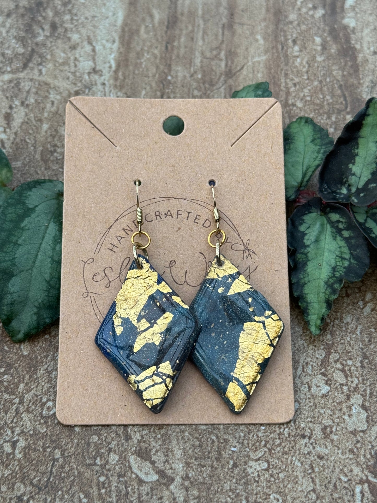 Blue diamond with gold leaf Clay Earrings