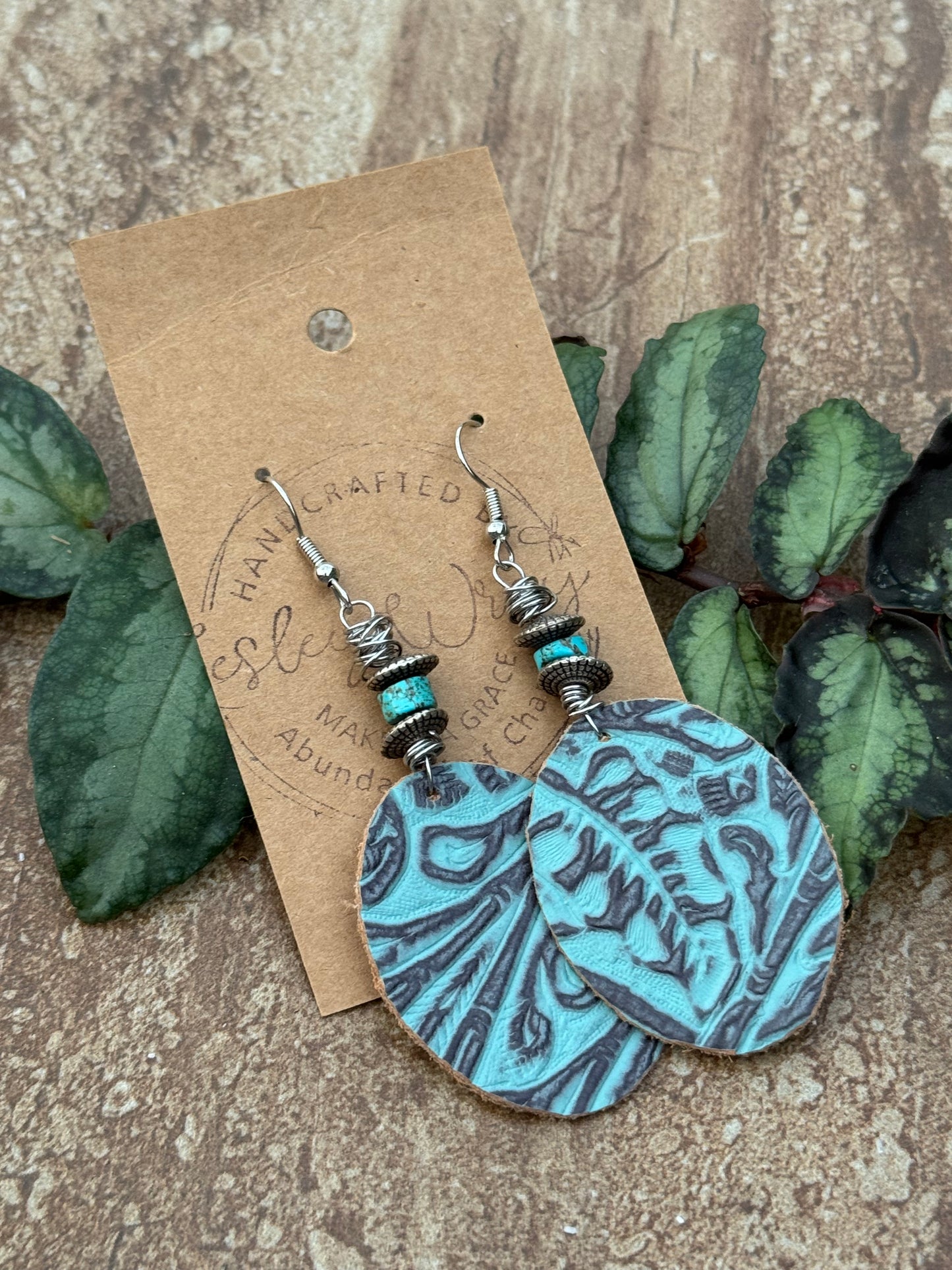 Oval Teal Embossed Leather  Earrings