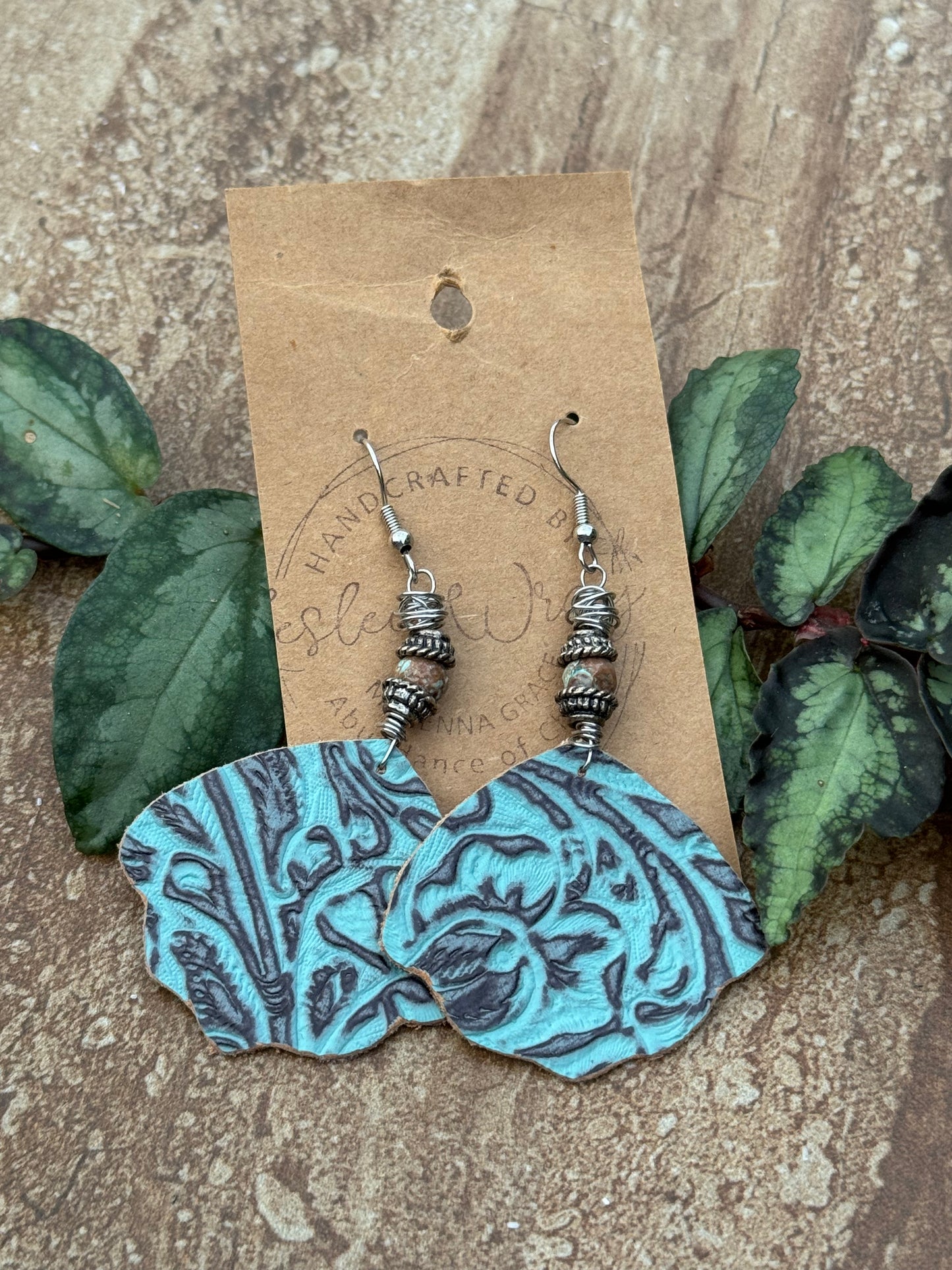 Scalloped Teal Embossed Leather  Earrings