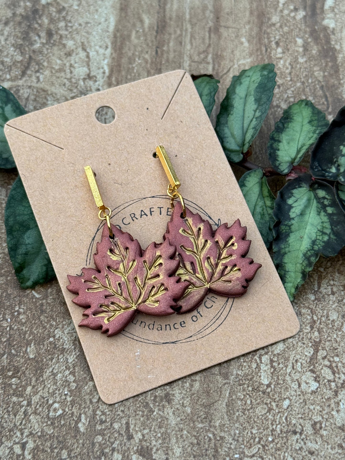 Burgundy & Gold Maple Leaf Clay Earrings
