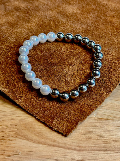 18K Gold PVD Coated Stainless Steel/Pearl 8MM Beaded Stretch Bracelet