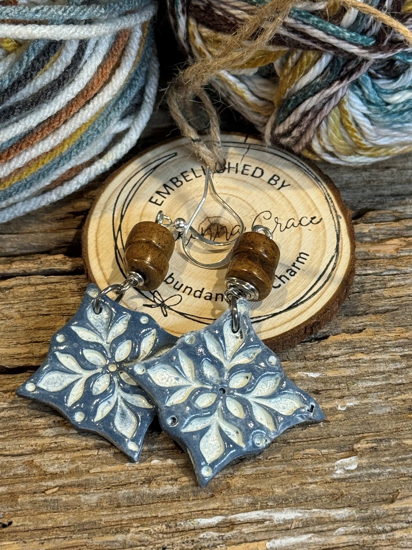 Blue whitewash ornate Clay Earrings