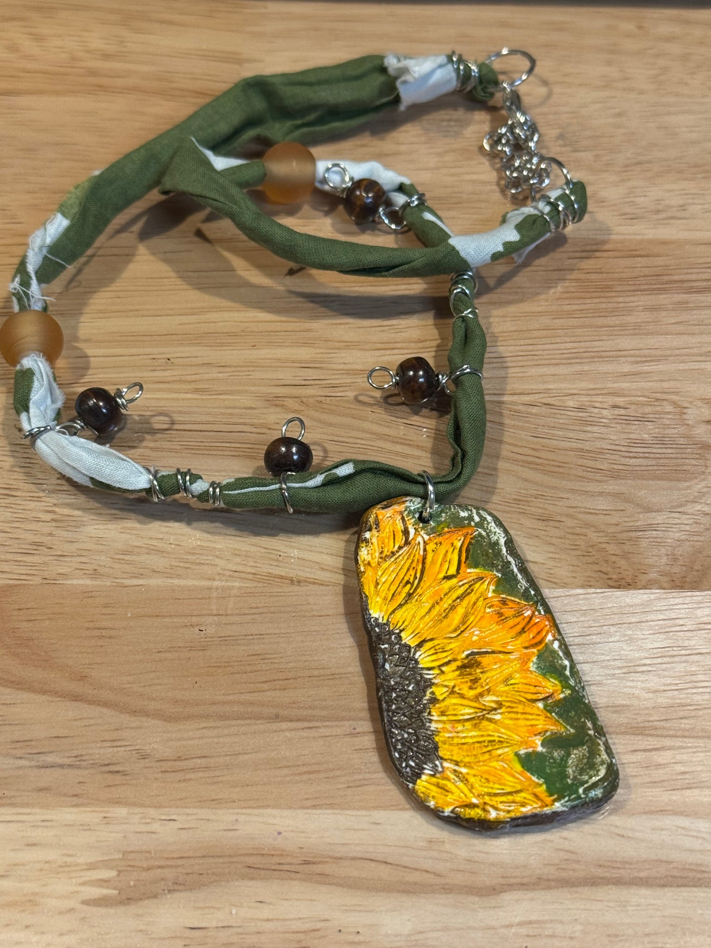 Fabric Hand Painted Sunflower Pendant Necklace