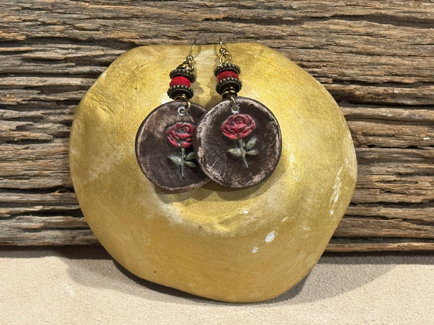 Brown w/red Rose Clay Earrings
