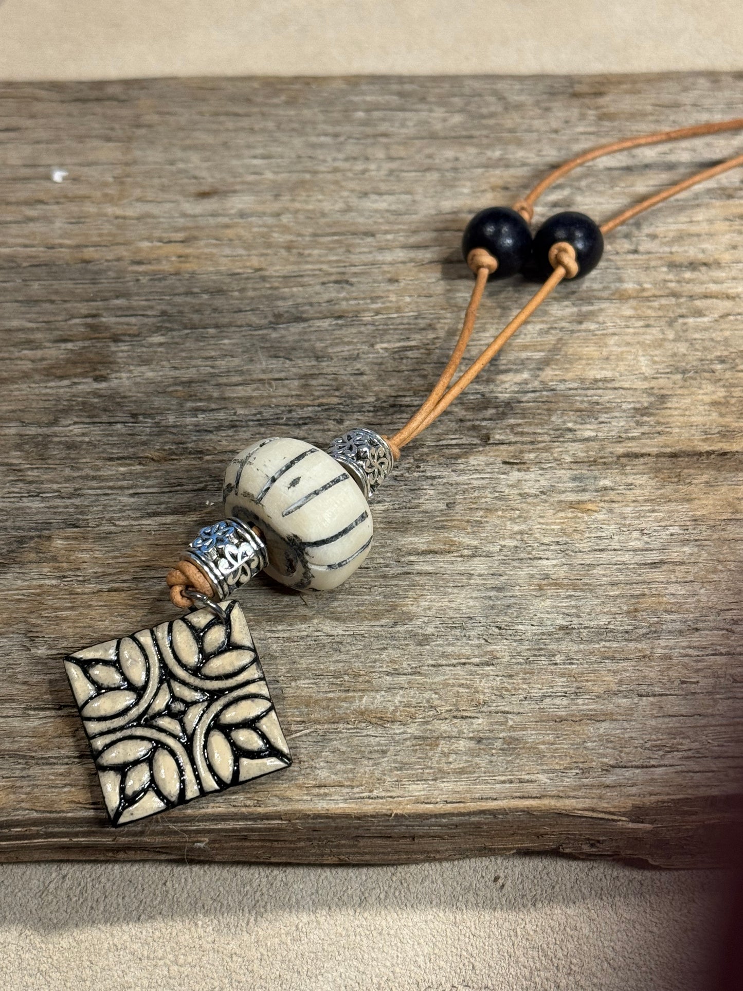 Leather Cord Necklace w/BW tile pendant