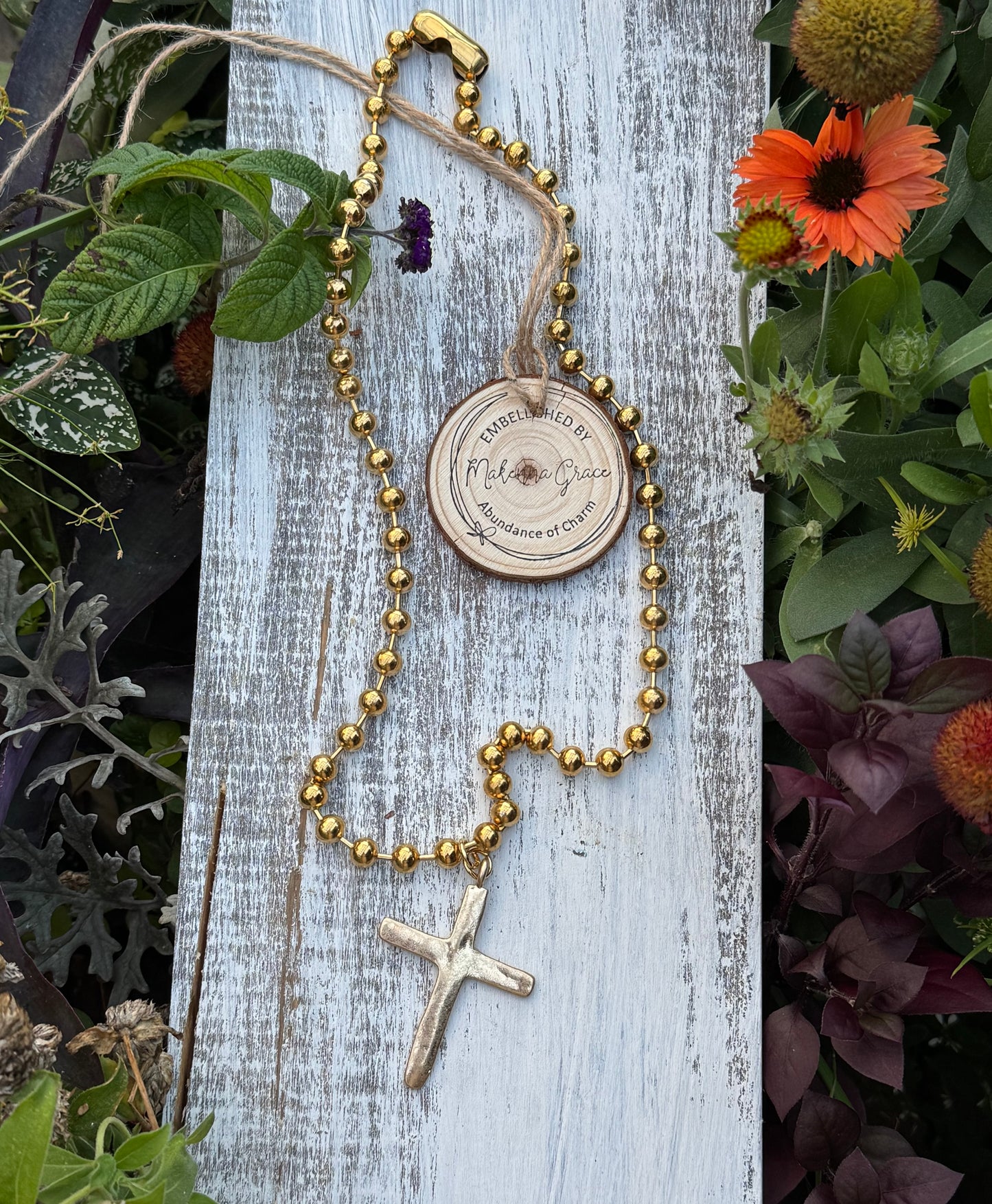 Gold Hammered Cross Ball Chain Necklace