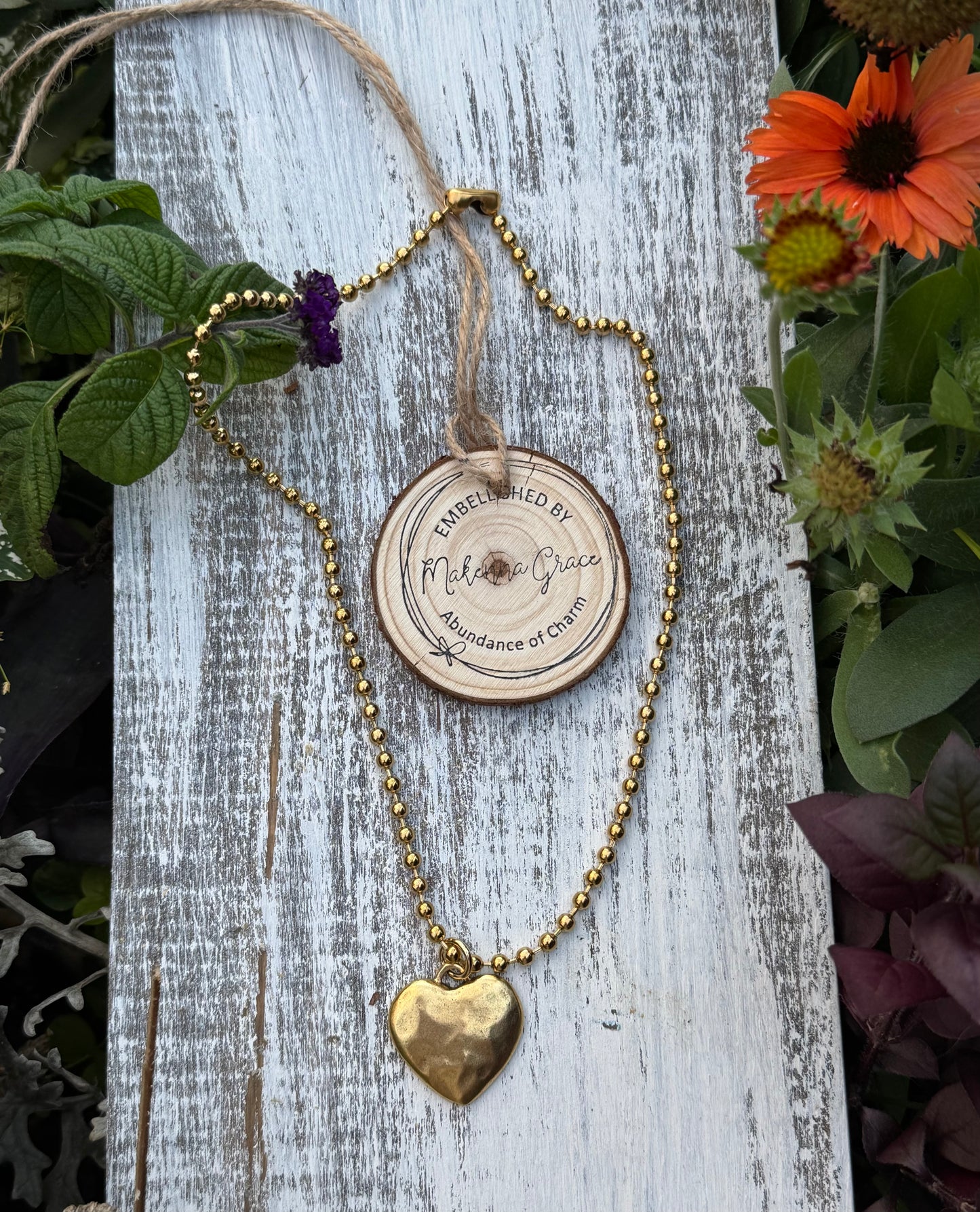 Gold Hammered Heart Ball Chain Necklace