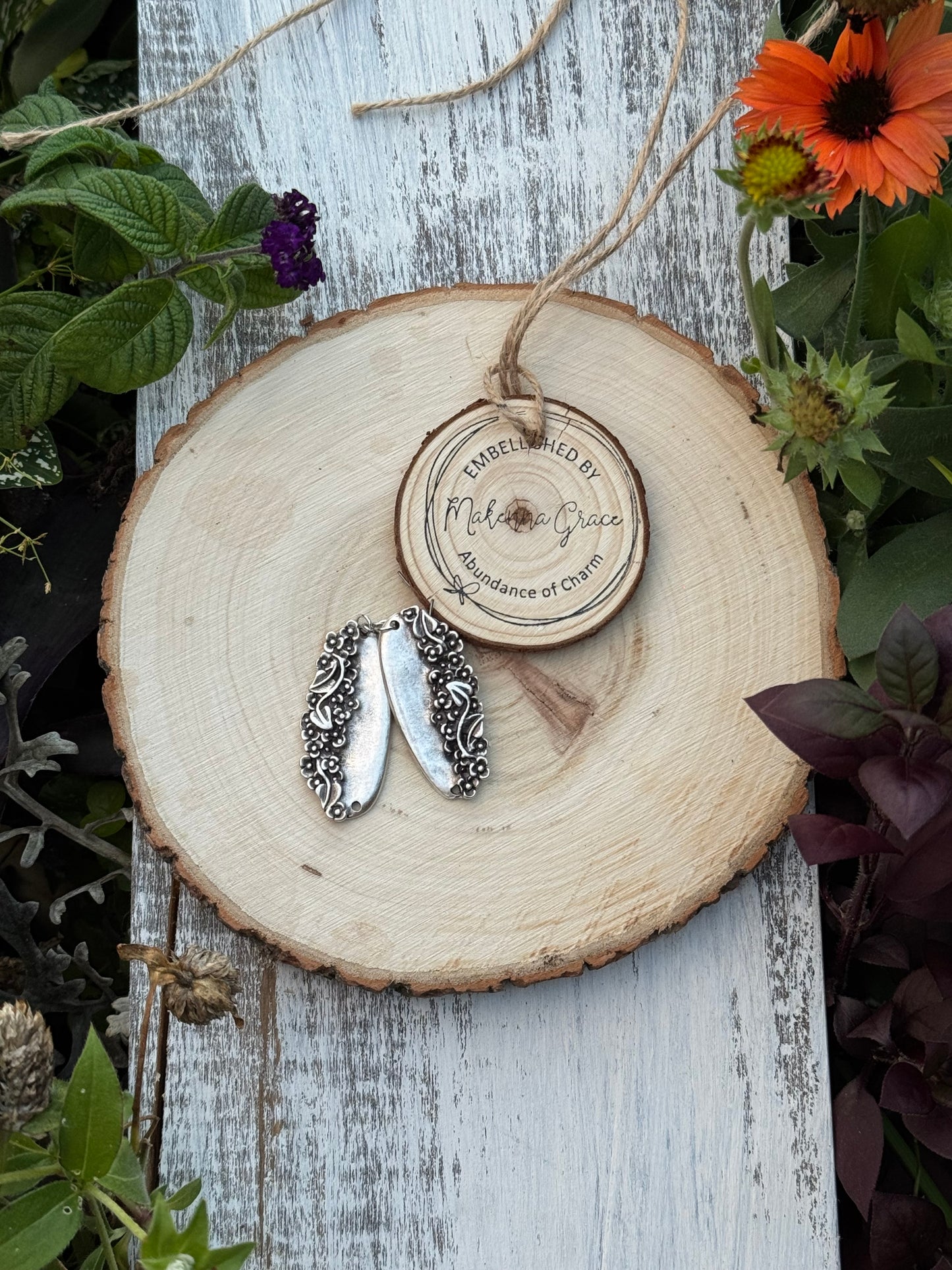 Silver Oblong Floral Metal Earrings