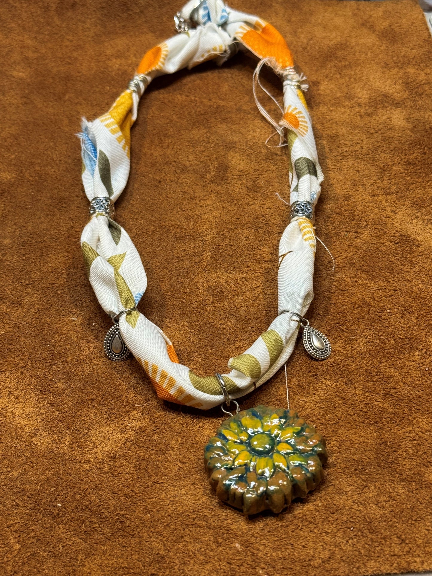 Fabric w/Hand Painted Floral Pendant Necklace
