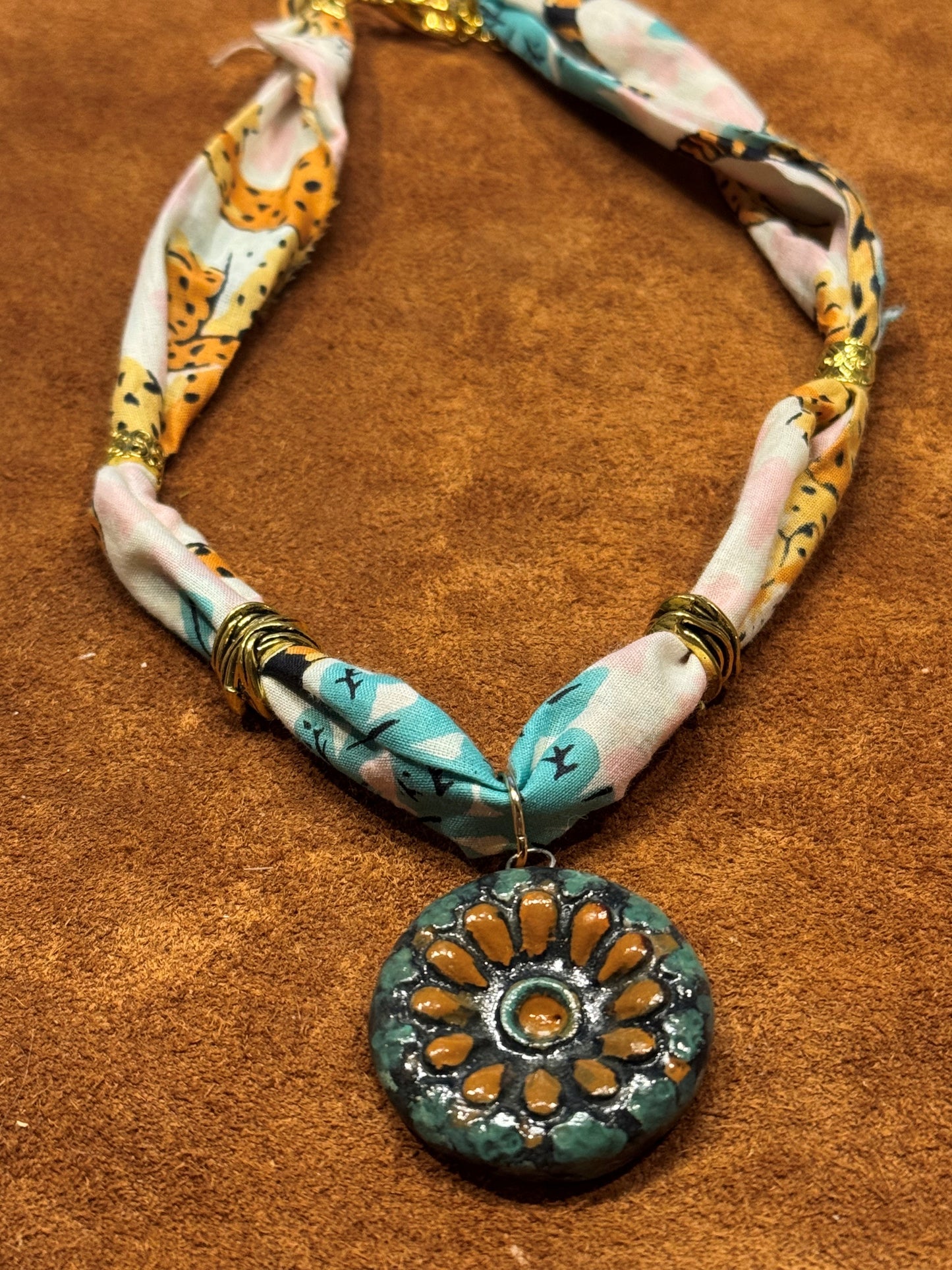 Fabric w/Hand Painted Floral Pendant Necklace